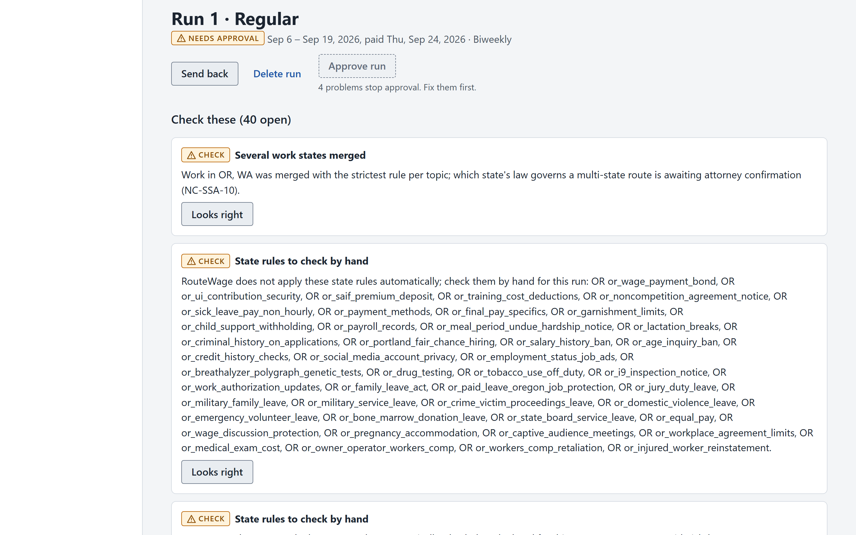 RouteWage pay run review listing the problems that stop approval and the rule checks flagged for review before approving the run (sample data).