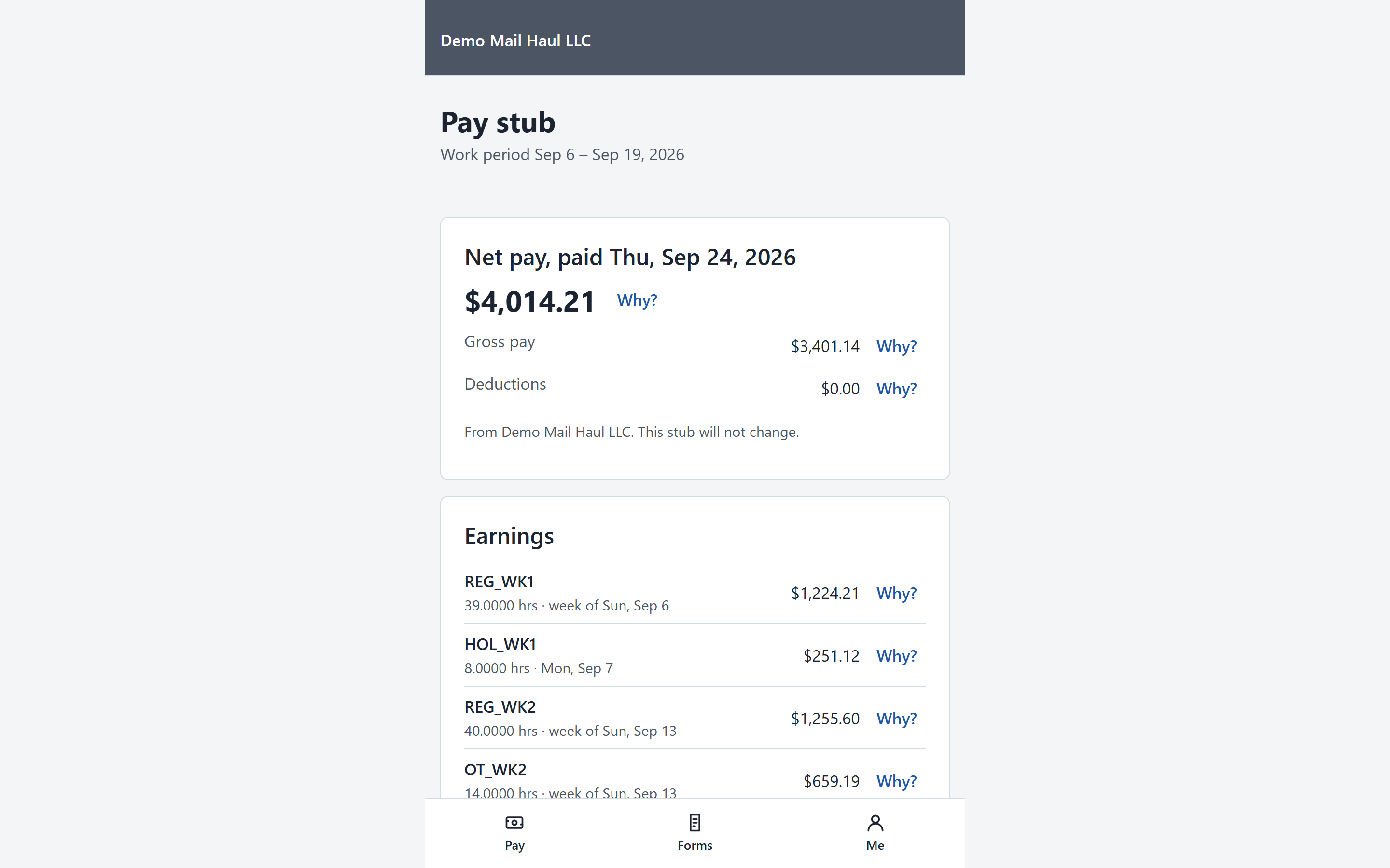 Worker portal pay stub in RouteWage: net pay, gross pay and deductions with an earnings breakdown for regular, holiday, overtime and health & welfare cash fringe, issued by the employer (sample data).
