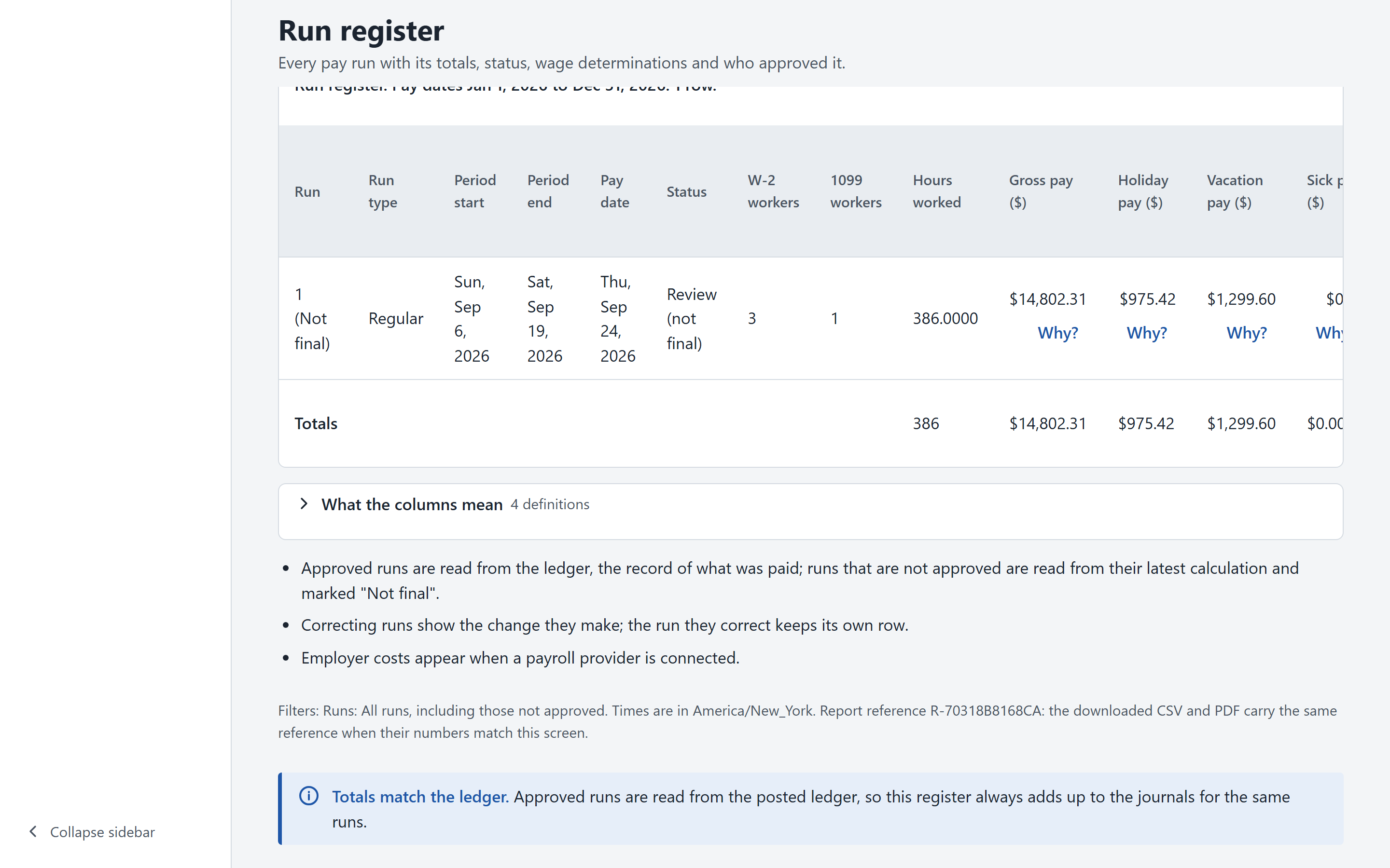 RouteWage run register report: pay run totals for gross wages, holiday and vacation pay, health & welfare and net pay before taxes, with PDF and CSV download (sample data).